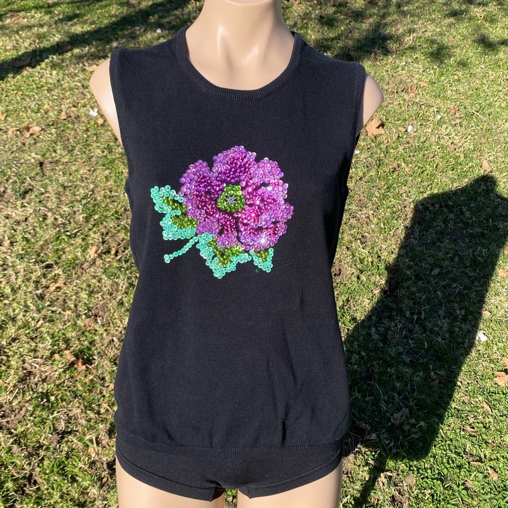 Casual Córner~ Women’s medium beaded flower black sweater vest